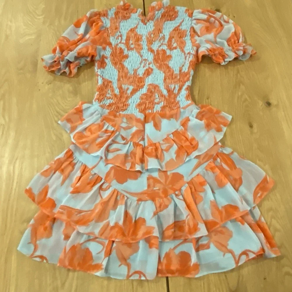 Olivaceous smocked ruffled dress Size Medium Floral Teal Orange Flirty Fun‎
